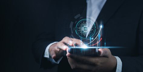 Business growth concept. Businessman using AI, Global business network, Data analysis of financial and banking, AI, Stock,Business strategy, Technology and data connection, Security, Networking.