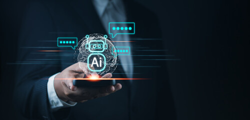 Business and Artificial Intelligence AI, Artificial intelligence,Digital Technology concept. Businessman using digital chatbot are assistant conversation for provide access to data growth of business.