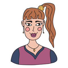 Cute cartoon abstract doodle girl portrait isolated on white background. Woman face.