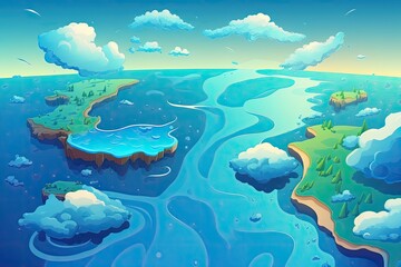 serene river flowing under a clear blue sky in a beautiful landscape painting. Generative AI