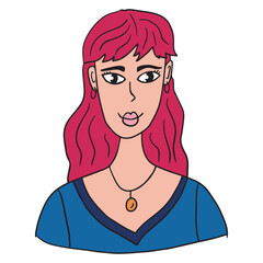 Cute cartoon abstract doodle girl portrait isolated on white background. Woman face.