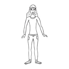 Doodle happy young lady. Woman isolated on white background.