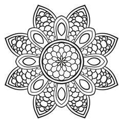 Black outline flower mandala. Doodle round decorative element for coloring book isolated on white background. Floral geometric circle.