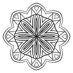 Black outline flower mandala. Doodle round decorative element for coloring book isolated on white background. Floral geometric circle.