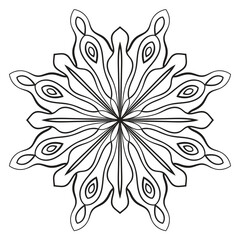 Black outline flower mandala. Doodle round decorative element for coloring book isolated on white background. Floral geometric circle.