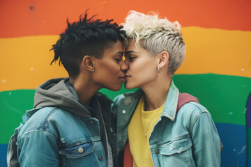 A featuring homosexual couples of different ethnicities, ages and styles embracing over a Pride flag background. Generative AI