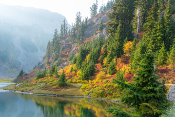 Bagley Lake hiking trail at Mount Baker in Autumn - 591789798