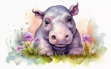 painting of  a cute baby hippo
