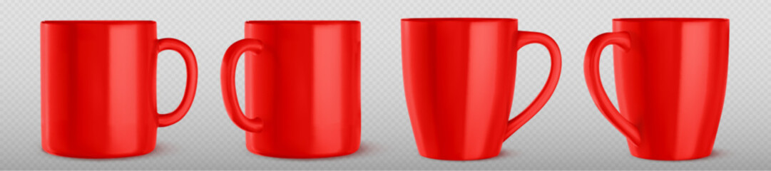 Realistic set of red mug mockups isolated on transparent background. Vector illustration of big ceramic cups with handles for drinking beverages, hot tea or coffee at home or in office. Place for