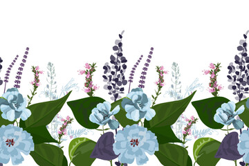 Vector floral seamless pattern, border. Horizontal panoramic illustration with meadow, marsh flowers and herbs