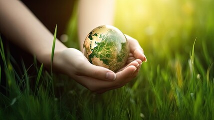female hands hold the planet against the background of green grass,
ecology and conservation theme. ai generated