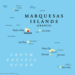 Marquesas Islands, political map. Group of volcanic islands, in French Polynesia, an overseas collectivity of France, in the South Pacific Ocean, with capital Taiohae, on the island Nuka Hiva. Vector