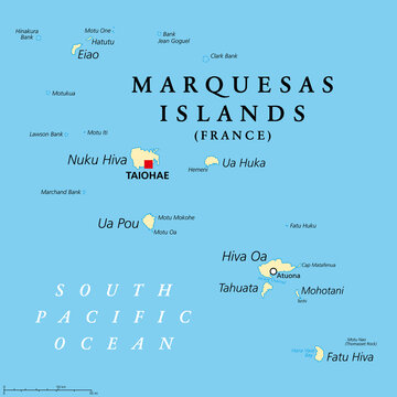 Marquesas Islands, political map. Group of volcanic islands, in French Polynesia, an overseas collectivity of France, in the South Pacific Ocean, with capital Taiohae, on the island Nuka Hiva. Vector