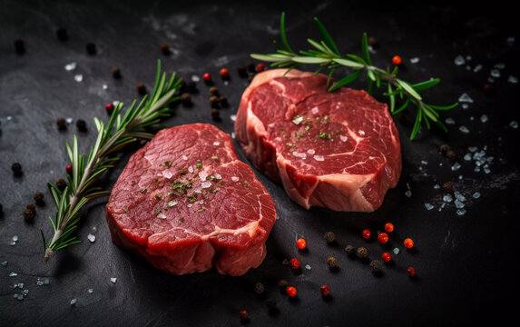 raw beef steak on a black stone plate