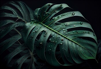 Obraz na płótnie Canvas Foliage of tropical leaf in dark green with rain drops created with generative AI technology