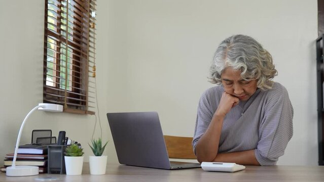 Older Woman Calculates, Writes, Pay Bills On-line, Prepare Financial Report Working From Home. Focused Mature Female, Doing Accountancy Job Busy In Finances Control