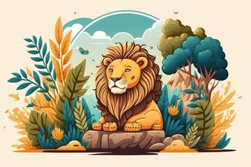 majestic lion perched on a rocky outcropping amidst lush foliage. Generative AI