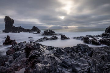 Djúpalónssandur beach framed by lava rock formations and black sand