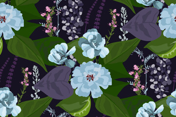 Vector floral seamless pattern. Flowers, herbs, leaves isolated on a navy blue background.