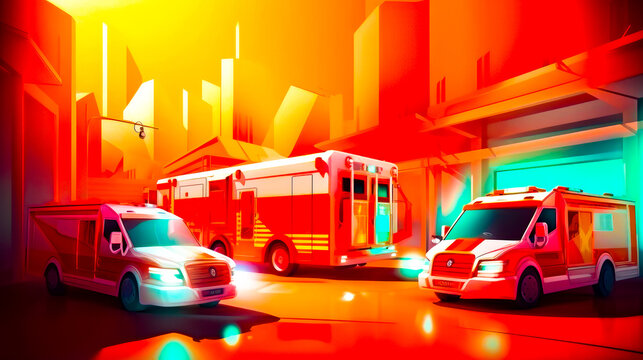 Group of ambulances parked in front of tall building on city street. Generative AI.
