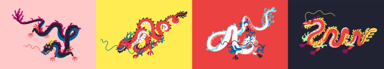 Chinese dragons set. Ancient Asian traditional animal. Mythical monster with long tail from China legend, myth. Oriental fairytale fantasy reptiles, eastern fiction lizards. Flat vector illustrations - obrazy, fototapety, plakaty