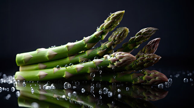 Bunch of fresh green asparagus with water drops on black background