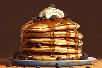 Fototapeta na wymiar A towering stack of pancakes with chocolate chips. generative AI