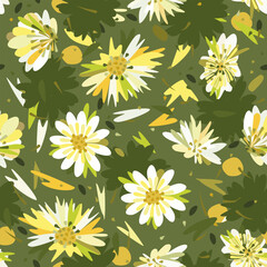 Vector seamless floral pattern with white and yellow flowers with leathes and petals on green background. 