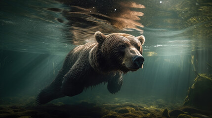 Big brown bear diving under water. Generative AI