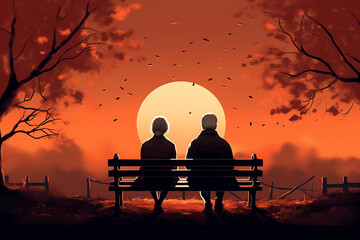 Fototapeta na wymiar An elderly couple sitting on a park bench. generative AI