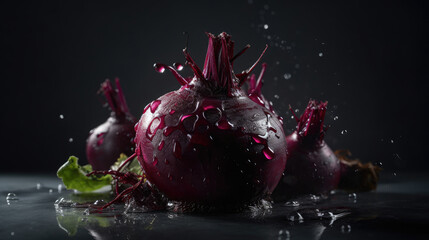 Fresh beetroot with water drops on a black background, close up