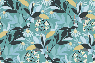 Vector floral seamless pattern. Flowers with leaves isolated on a turquoise background.