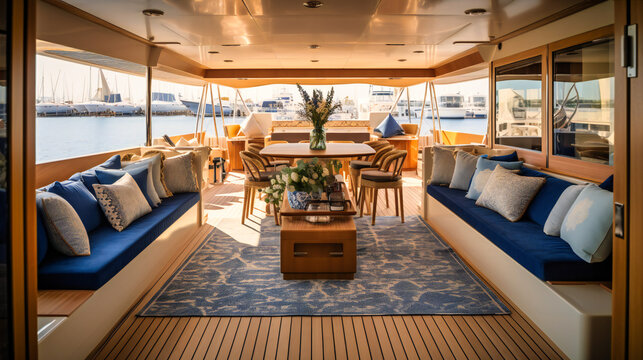 A stunning image of a stylishly furnished lounge deck on a luxury catamaran, providing an inviting space for relaxation and leisure.