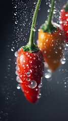 Hot chili peppers with water drops on dark background, close-up