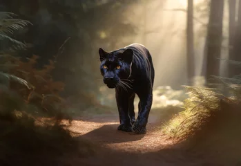Foto op Plexiglas Panther close-up, photography of a Panther in a forest. A black jaguar walking through a jungle stream with green plants and trees in the background with a bright yellow light shining on its eyes © Mickael