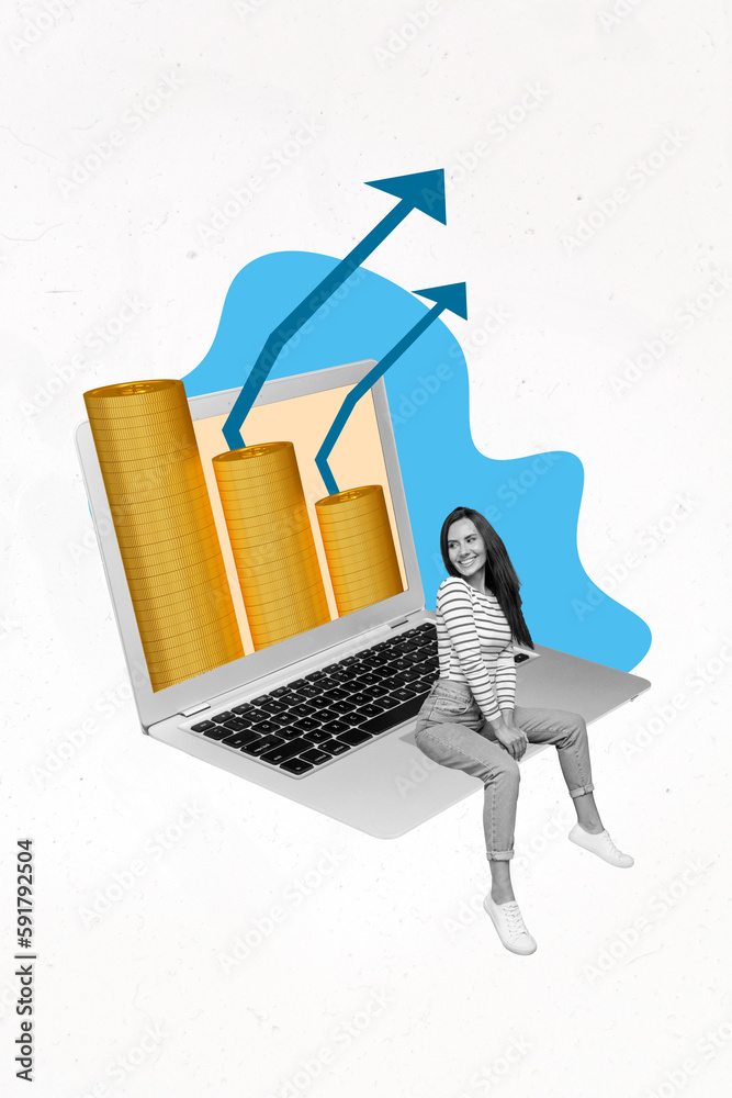 Poster magazine creative picture sketch photo illustration of smiling girl sitting keyboard showing budget 