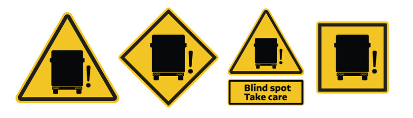 Blind spot warning sign set. Truck lorry blind spot road sign with take care text in yellow color. vector icon collection. - obrazy, fototapety, plakaty