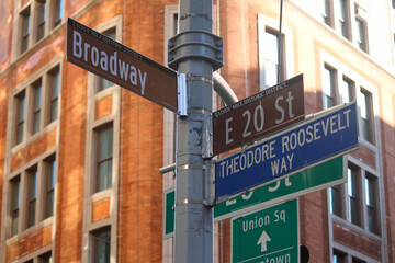 Obraz premium Brown East 20th Street, Broadway and Theodore Roosevelt Way historic sign in Midtown Manhattan in New York City in Ladies Mile Historic District