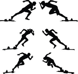 set athletics runners sprinters male and female start in starting blocks running black silhouette on white background