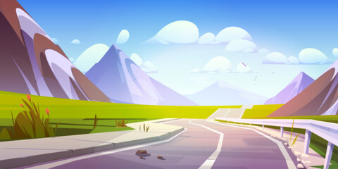 Mountain road nature landscape illustration. Travel asphalt highway under blue sky with clouds summer cartoon background. Journey pathway outdoor scene in morning. Empty adventure valley concept