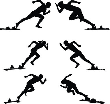 set athletics runners sprinters male and female start in starting blocks running black silhouette on white background