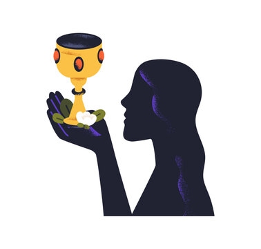 Sorceress holding holy goblet with secret drink, magic potion. Woman witch with esoteric elixir, wine in golden medieval cup, chalice in hand. Flat vector illustration isolated on white background