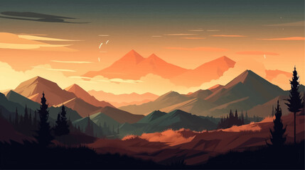 Mountain peak view landscape with sunrise soft light. Flat 2d vector illustration background