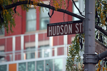Hudson Street historic sign in Midtown Manhattan in New York City historic sign in Midtown...