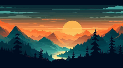 Mountain peak view landscape with sunrise soft light. Flat 2d vector illustration background