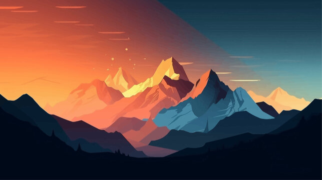 Mountain peak view landscape with sunrise soft light. Flat 2d vector illustration background