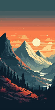Mountain peak view landscape with sunrise soft light. Flat 2d vector illustration background
