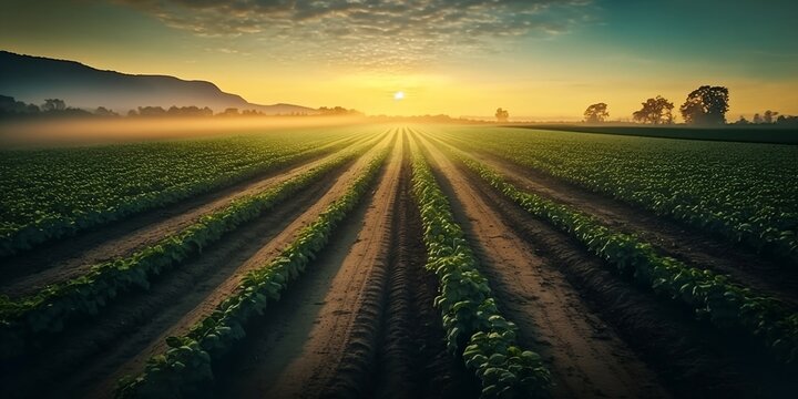 Irrigation system on agricultural soybean field, rain gun sprinkler on helps to grow plants in the dry season, increases crop yields. Landscape beautiful sunset, generative AI.