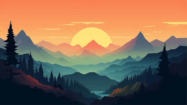 Mountain peak view landscape with sunrise soft light. Flat 2d vector illustration background
