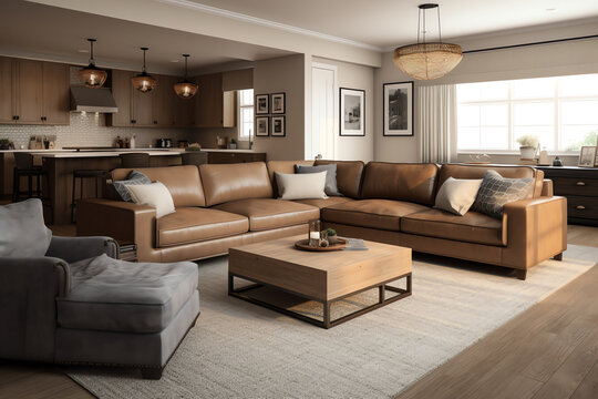 family room with a comfortable sectional. generative AI